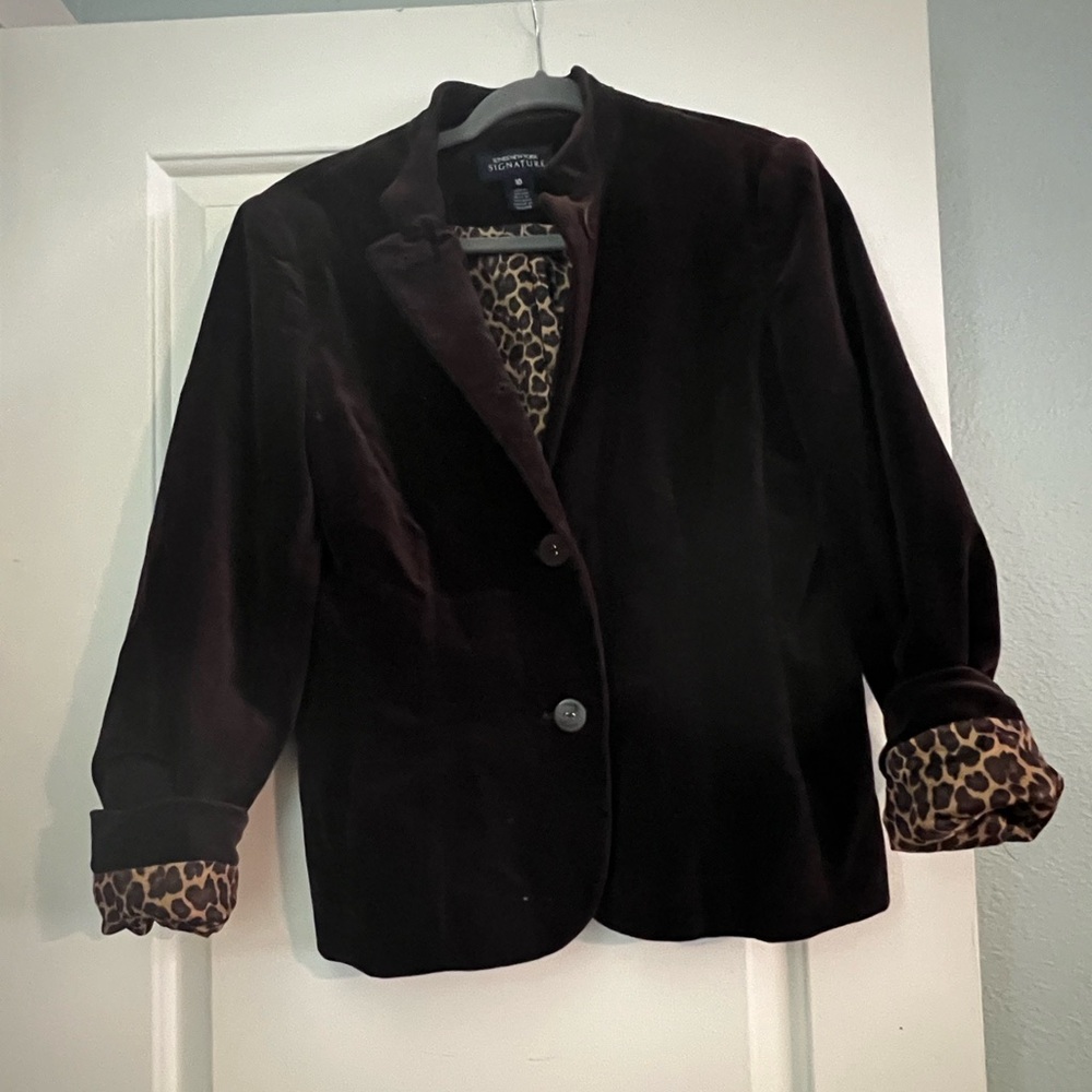 Jones New York Dark Brown Velvet Blazer with Leopard Lining